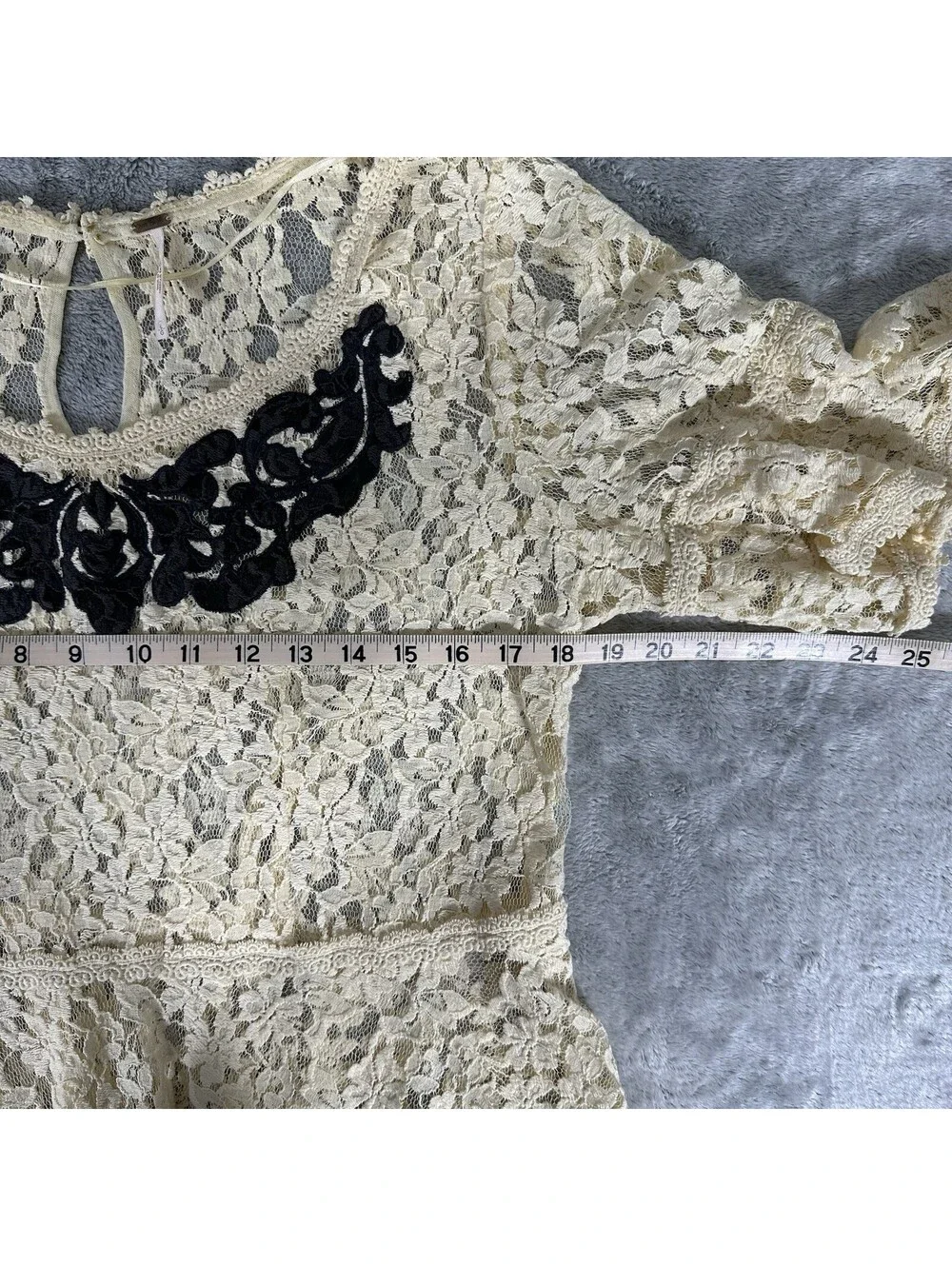 Free People Sz. Lg. With Flair Peplum Top Ivory Lace Black Applique Bell Sleeve